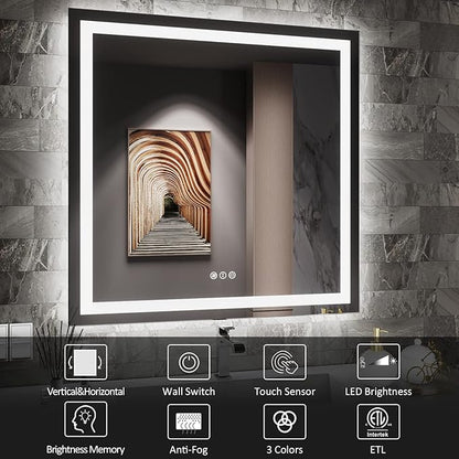 Amorho LED Bathroom Mirror, 38'' X38'' with Front and Backlit, Stepless Dimmable Wall Mirrors with Anti-Fog, Shatter-Proof, Memory, 3 Colors, Double LED Vanity Mirror