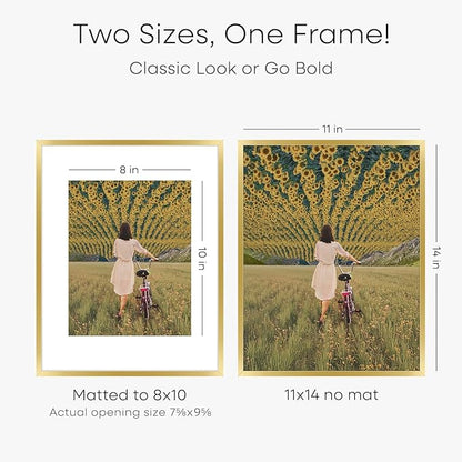 Homeforia 11x14 Picture Frame Gold, High End Metal 11x14 Poster Frames with Mat for 8x10, 11 x 14 Gold Frame Matted to 8 x 10 inch Photo, 11by14 Thin Hanging Frames, Tempered Glass, Wall Kit, Set of 3