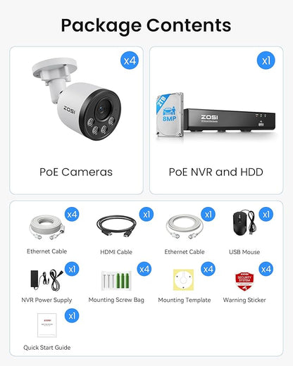 ZOSI 4K PoE NVR Security Camera System,4pcs 8MP Weatherproof Wired PoE Cameras,Smart Person Vehicle Detection,One-Way Audio,People Counting,H.265+ 4K/8MP 8CH NVR with 2TB HDD for Home 24/7 Recording