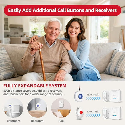 CallToU Caregiver Pager Wireless Call Button for Elderly, Medical Alert Systems for Seniors/Elderly Monitoring with 2 Call Bell, 500+Feet, 1 Plug-in Receiver+1 USB Receiver for Home Patients Emergency