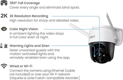 Lorex 2K Pan-Tilt Outdoor WiFi Security Camera | 360° View | Auto-Tracking | Color Night Vision | Person Detection | Warning Light & Siren | IP66 Weatherproof | 32GB MicroSD Included | No Monthly Fee