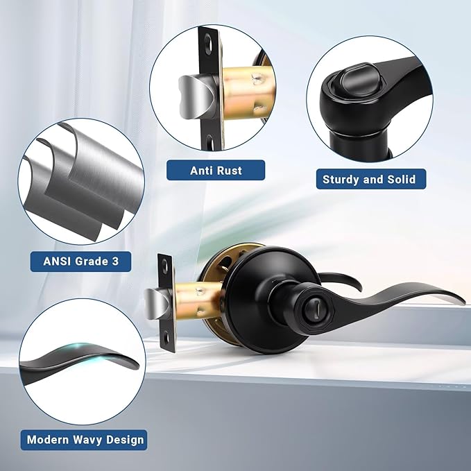 Knobonly 10 Pack Matte Black Door Lever Privacy Door Handles, Zinc Alloy Door Handle Interior, Keyless Lock for Bedroom or Bathroom