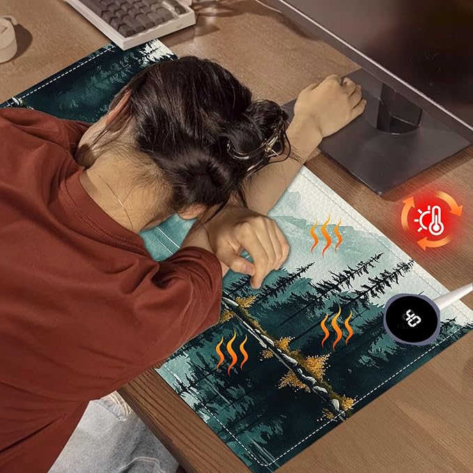 Heated Mouse Pad 23.6 x 14 in 3-Temp Fast Heating Desk Mat with Auto Timer Warmer for Hands Wrist Pain Relief Waterproof Keyboard Mat for Office, Gaming, Home, Forest Reflections