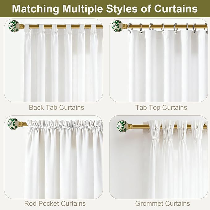 Ceramic Gold Curtain Rods Set of 2 for Windows 66 to 120 Inches Adjustable Length Duty 1" Diameter Window Curtain Rod with Modern Green Leaf Pattern Decorative Finials for Bedroom Living Room Kitchen