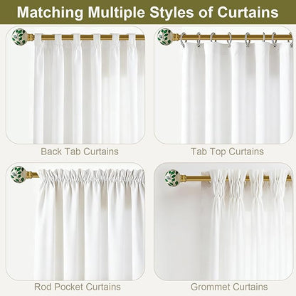 Ceramic Gold Curtain Rods Set of 2 for Windows 72 to 144 Inches Adjustable Length Duty 1" Diameter Window Curtain Rod with Modern Green Leaf Pattern Decorative Finials for Bedroom Living Room Kitchen
