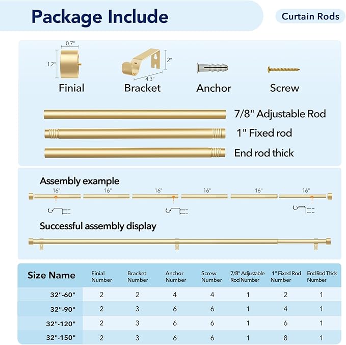 2 Pack Curtain Rods for Windows 72 to 144 Inch, 1 Inch Gold Curtain Rods Set, Adjustable Heavy Duty Outdoor Curtain Rod for Patio Bedroom, Drapery Rods with End Cap, Size 32"- 150"