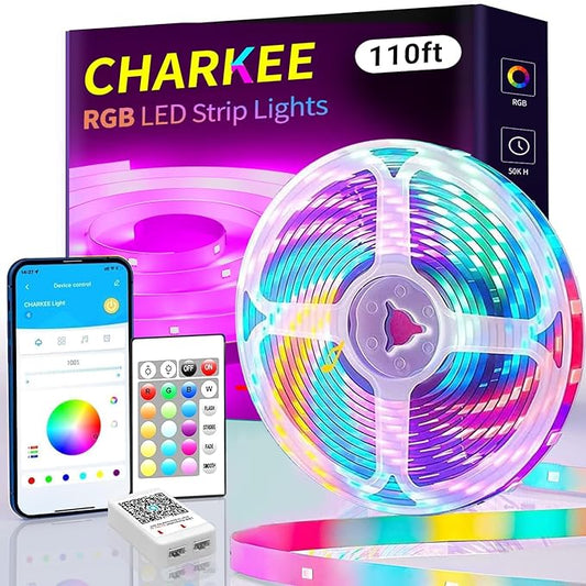CHARKEE LED Strip Lights 110ft, Music Sync RGB LED Strip Lights for Bedroom/Gaming/Wall Decoration, Color Changing Bluetooth Led Lights IR Remote& APP Control, DIY(Dual-Side Power)