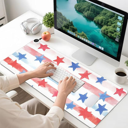 Heated Desk Pad Mouse Pad 31.5x13 Inch PU Leather Desk Mat with 3 Heat Levels Large Mouse Gaming Computer Laptop Mat July 4th Stripes Stars White