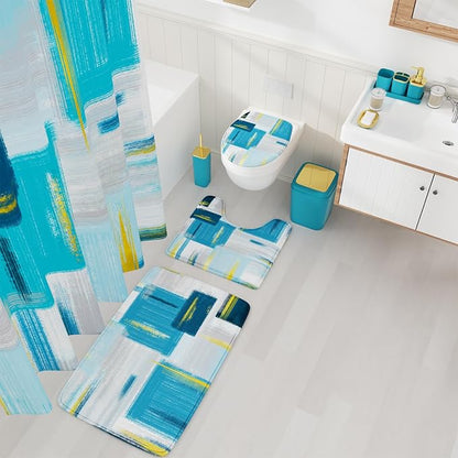 Bathroom Accessories Set - 25PC Bathroom Set with Shower Curtain and Rugs, Teal Blue Bathroom Set, Bathroom Accessory Set with Press-on Lid Trash Can, Soap Dispenser and Qtip Holders