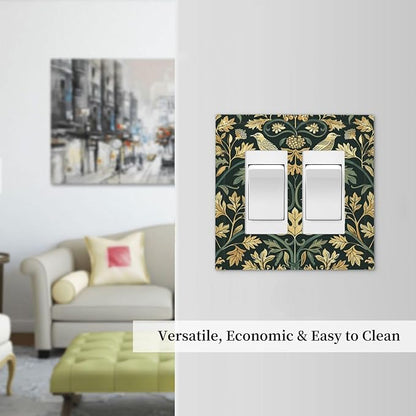 Decorative Outlet Covers William Morris Vintage Botanical Birds Golden Green Leaves 2 Gang Double GFCI Rocker Electrical Wall Panels Light Switch Cover Plate for Bedroom Home Decor