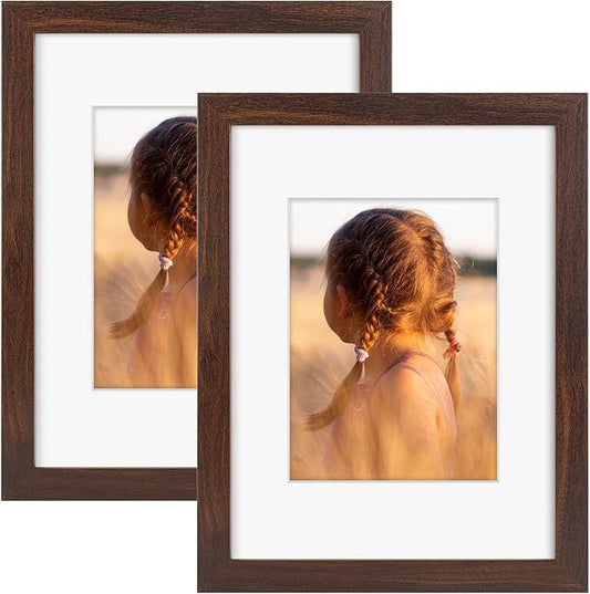 Golden State Art, 9x12 Picture Frame with Mat for 6x8 - High Definition Glass Wall Mounting Horizontal Vertical Display (Brown, 2 Pack)