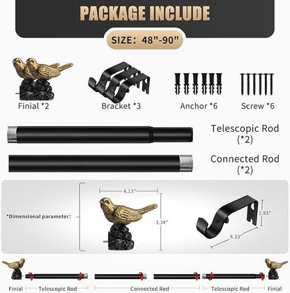 Vintage Gold Curtain Rod 48 to 90 Inches Curtain Rods for Windows Adjustable Drapery Rod with Bird Finials Heavy Duty Curtains Rods for Living Room Bedroom