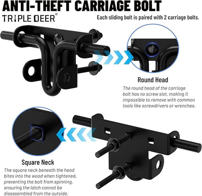 TRIPLE DEER Heavy Duty Sliding Bolt Gate Latch with Padlock Hole & Carriage Bolt, Slide Bolt Hardware for Wooden Fence/Yard Fence/Shed Door/Barn Door, Black, 1 Pack