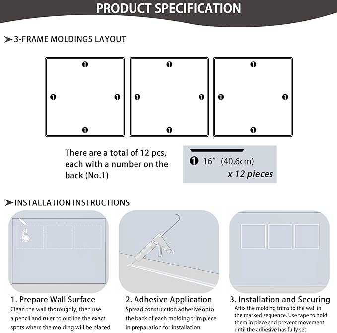 3-Frame 16" x 16" Premade Accent Wall Molding Kit, Ready-to-Assemble Wainscoting Panels, Pre-Cut Chair Rail Moulding Trim Picture Frame for Home Décor