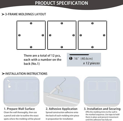 3-Frame 16" x 16" Premade Accent Wall Molding Kit, Ready-to-Assemble Wainscoting Panels, Pre-Cut Chair Rail Moulding Trim Picture Frame for Home Décor