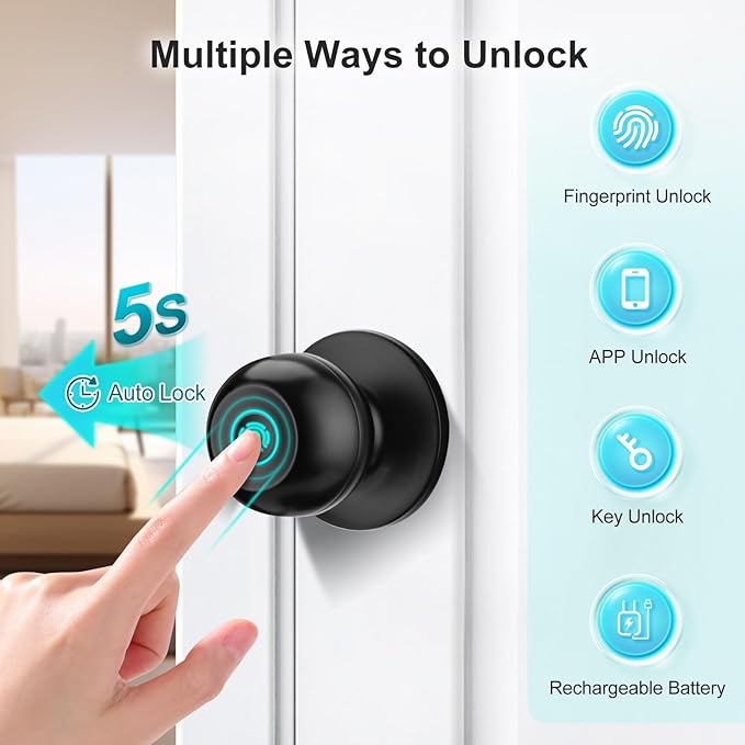 JO.KO 2 Pack Fingerprint Door Lock, Biometric with App Control & Key, Smart Door Knob for Bedroom, Entry Door, Keyless Finger Print Door Knob with Thumb Print Black, Different Keys