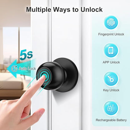 JO.KO 2 Pack Fingerprint Door Lock, Biometric with App Control & Key, Smart Door Knob for Bedroom, Entry Door, Keyless Finger Print Door Knob with Thumb Print Black, Different Keys