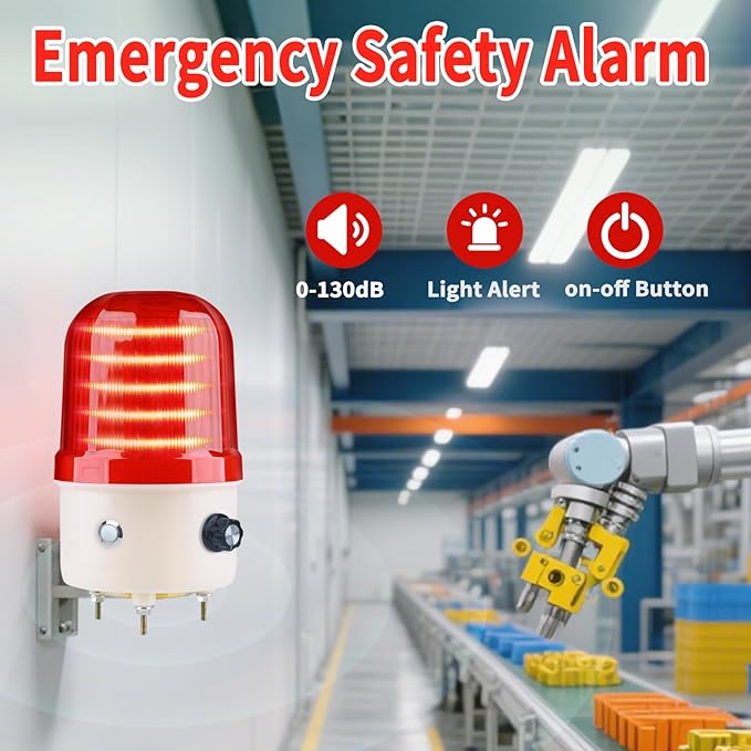 Industrial LED Rotating Warning Light, AC110V Red Strobe Light for Public Emergency Alarms, Indoor/Outdoor Safety Siren with Volume Adjustment/Plug and Buzzer (RED PRO(0-130dB,AC110V))