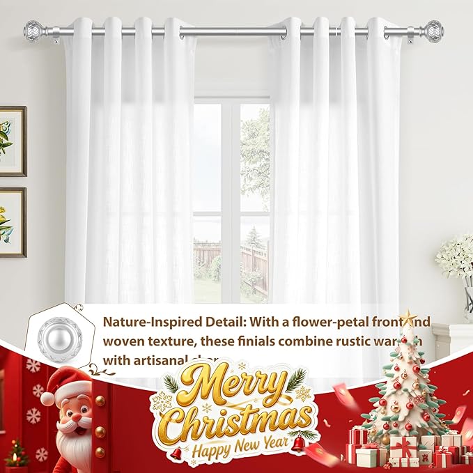 TONIAL Silver Curtain Rod 32 to 58 Inches, 7/8 Adjustable Curtain Rods for Windows 20 to 54 Inches, Splicing Drapery Rods Decorative with Netted Texture Finials