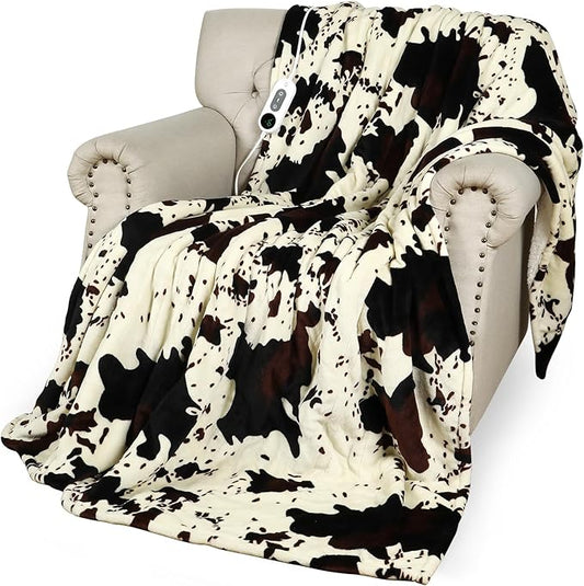 Heated Throw Blanket, 50"x60" Cow Print Electric Throw Heating Blanket, Cozy Soft Flannel Sherpa Heating Blankets with 9 Heat Levels & 2/4/8/12H Auto-Off