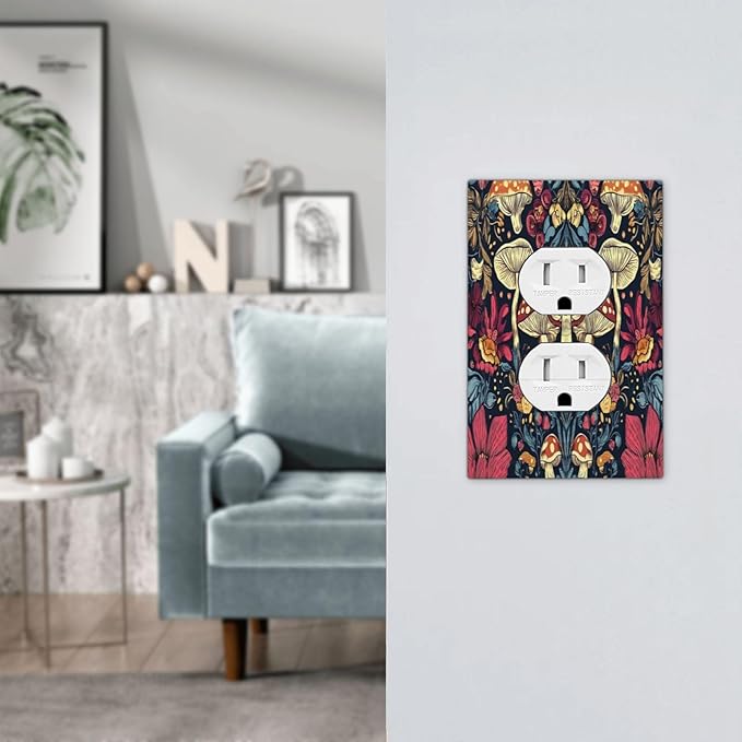 Outlet Covers Coloful Red Yellow Orange Magical Mushroom Forest 1 Gang Duplex Light Switch Cover Plate Decorative Switch Plate Covers Electrical Socket Cover for Bedroom Home Decor