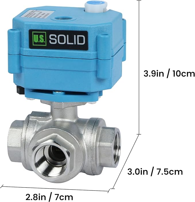U.S. Solid 1/2" 3 Way Stainless Steel Motorized Ball Valve AC110-230V, L Type Water Shutoff Valve with Manual Function, Standard Port