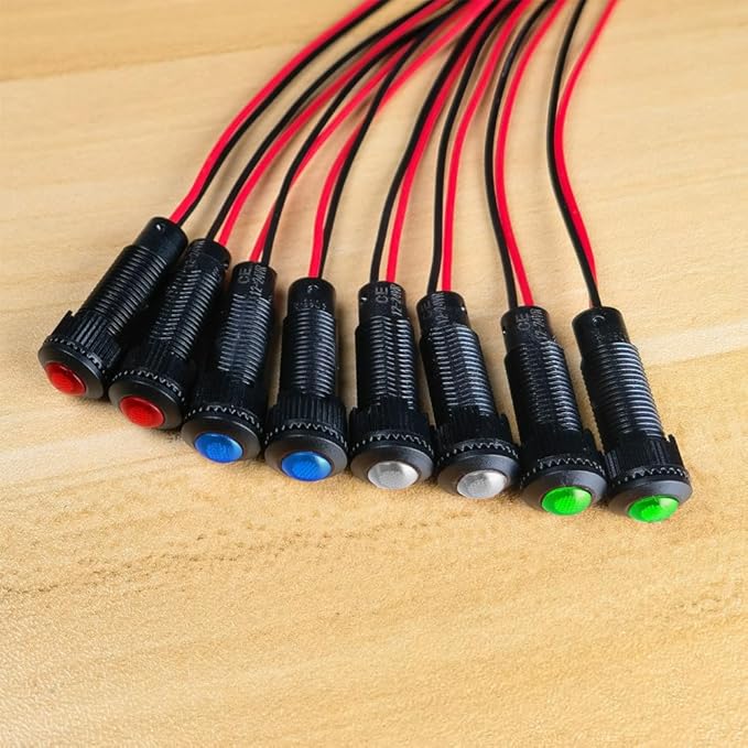 8pcs Red/Blue/Green/White LED Indicator Pilot Light AC/DC 12-24V Mounting Hole Size 8mm(Flame Retardant Plastic Shell)