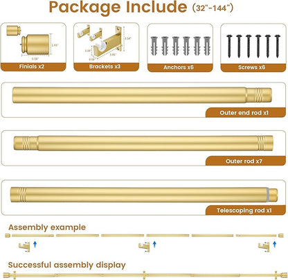 Gold Aluminium Curtain Rods for Windows,1 Inch Adjustable Curtain Rod 72 to 144 Inch,Heavy Duty Drapery Rods with Thicken Bracket,Modern Single Rod with Aluminium Finials