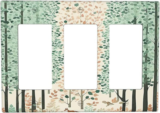 Boho Wildflower Forest Woodland Animals Light Switch Covers 3 Gang Rocker Decorative Triple Outlet Wall Plate Cover Electrical GFCI Switchplate for Bedroom Bathroom Decor