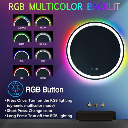 20 inches Round LED Bathroom Mirror, Wall Mounted, Front Lights (3 Colors) & RGB Backlit, Anti-Fog, Smart Light up, Circle Mirror, 20Inch Vanity Mirror, Rainbow