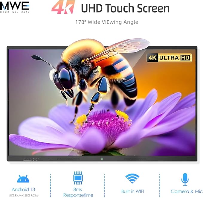 65" Smart Board, Interactive Whiteboard, 4K Electronic Board, UHD Touchscreen, Android 13, 8+128G, All in One Smartboard for Classroom Office Home (Wall Mount Included)