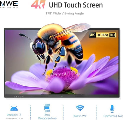 85" Smart Board, 4K UHD Interactive Board, 20-Point Touch, Android 13, 8GB & 128GB, Screen Sharing, Bluetooth/WiFi/HDMI, All-in-One Meeting & Education Solution (Wall Mount Included)
