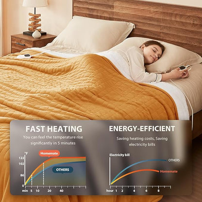 Homemate Electric Heated Blanket King Size - 100"x90" Heating Blanket King Size Dual Control 1/2/4/6/8 Hours Auto-Off 10 Heat Level Over-Heat Protection Flannel Sherpa ETL Certification