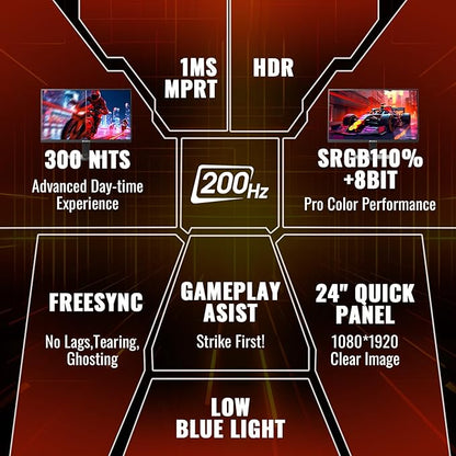 SANSUI Gaming Monitor, 24 Inch 200Hz 180Hz, FHD 1080P 1ms 110% sRGB Computer Monitor, HDMI DP Ports VESA Support for Game Office (HDMI Cable Included)