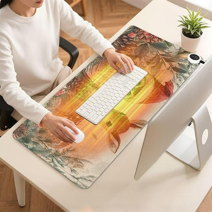 Heated Desk Pad Mouse Pad 31.5x13 Inch PU Leather Desk Mat with 3 Heat Levels Large Mouse Gaming Computer Laptop Mat Beige Christmas Owl Deer Pinecorns