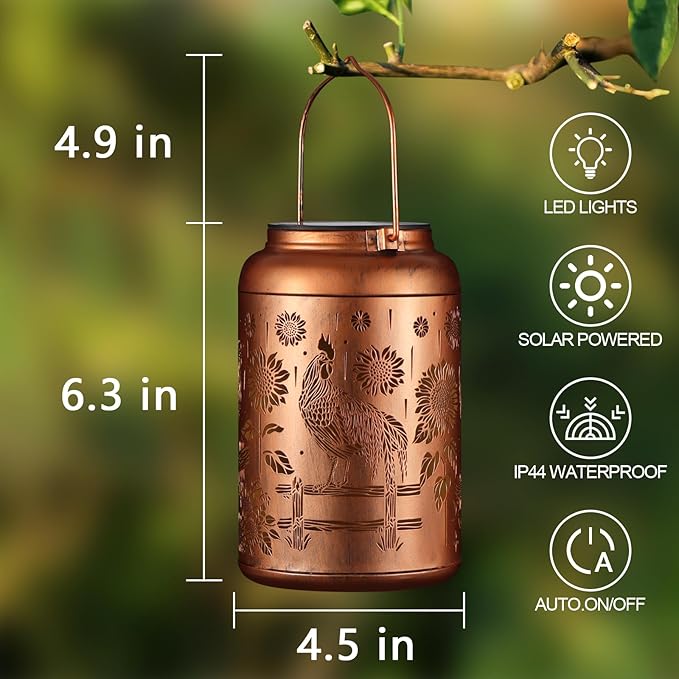 Solar Lanterns Outdoor Waterproof Hummingbird Garden Decor Christmas Gifts for Women Mom Grandma Hanging Lights Metal Decoration Outside for Yard, Patio,Backyard,Porch(Rooster)