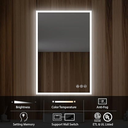 24x36 LED Mirror for Bathroom | Backlit LED Vanity Mirror with Anti-Fog, Stepless Dimmable, 3 Color Temperature | Wall Mounted Lighted Bathroom Mirror | Smart Vanity Makeup Mirror with Lights