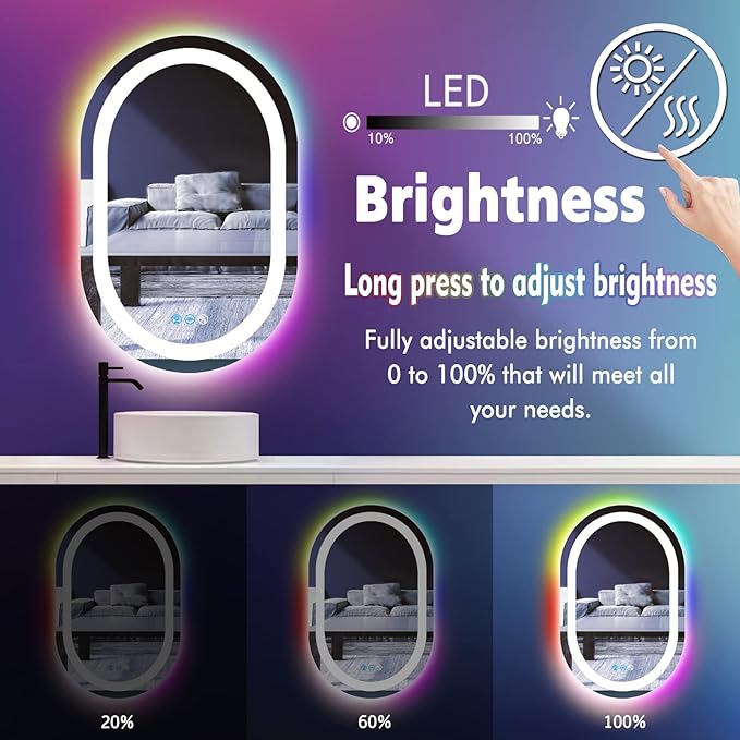 32 x 20 Inch RGB Oval Bathroom Mirror with Smart Dimmable 3 Color Front Lights & Rainbow Colorful Changing Backlit Oval Lighted Vanity Mirror for Bathroom Wall Horizontal or Vertical Mounted