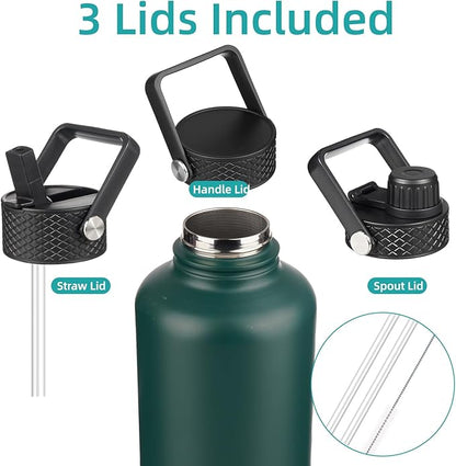 Half Gallon Insulated Water Bottle with Straw,64 oz 3 Lids Water Jug with Carrying Bag,Paracord Handle,Double Wall Vacuum Stainless Steel Metal Flask,Dark Green