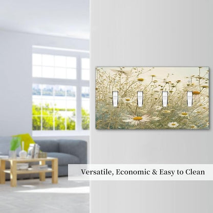 White Wildflowers Daisy Vintage Floral Light Switch Covers Quad Toggle Electrical Faceplate 4 Gang Wall Plate Decorative Switch Plates for Bed Room Living Room Decor