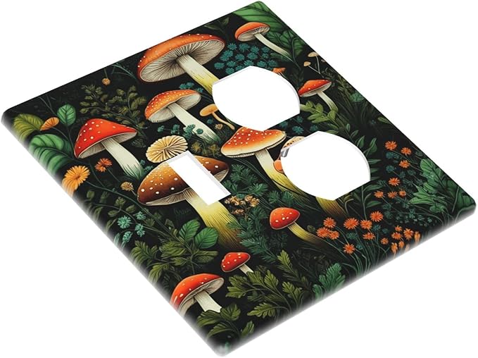 Decorative Outlet Covers Red Mushroom Flowers Green Leaf Plants 2 Gang Wall Plate Single Toggle Duplex Light Switch Cover Switch Plate Covers Faceplate for Bedroom Home Decor