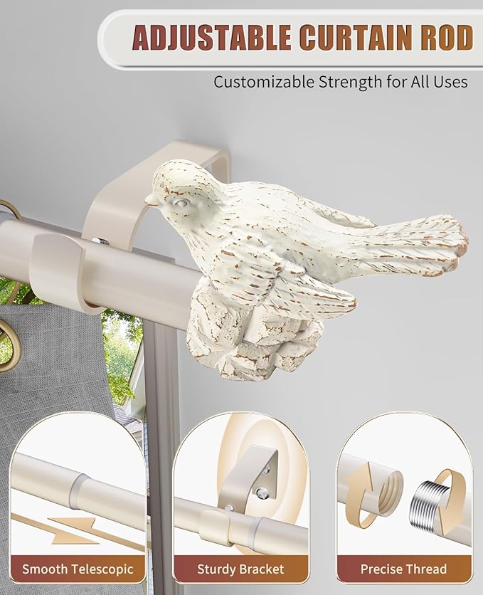 White Curtain Rod 36 to 72 Inches Curtain Rods for Windows Adjustable Heavy Duty Drapery Rod with Bird Finials for Kitchen Window Living Room