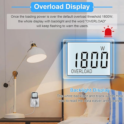 Upgraded Watt Meter Power Meter Plug Home Energy Monitor Electricity Usage Monitor, Electrical Usage Monitor, Energy Voltage Amps Meter Tester with Backlight, Overload Protection, 8 Display Modes