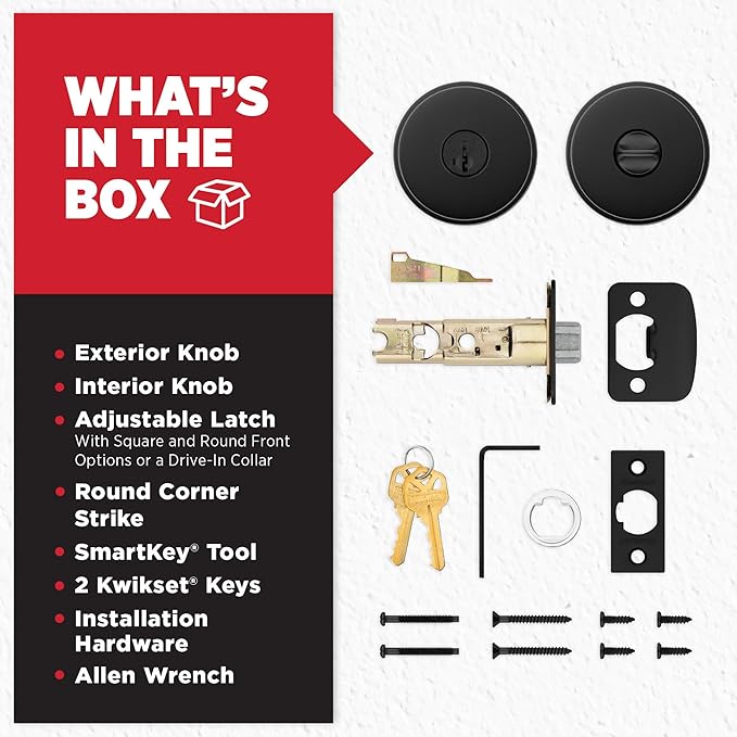 Kwikset Pismo Entry Door Knob with Lock and Key, Secure Keyed Handle Exterior, Front Entrance and Bedroom, Matte Black, 10 Pack, Pick Resistant SmartKey Rekey Security and Microban