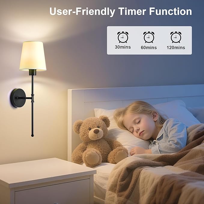 Depuley Battery Operated Wall Sconce: Rechargeable Wall Lamp Set of 2 with Remote and Dimmable Bulb for Home Decor - Wireless Wall Lights with 15 Colors for Bedroom E26 Base Fabric Shade Black