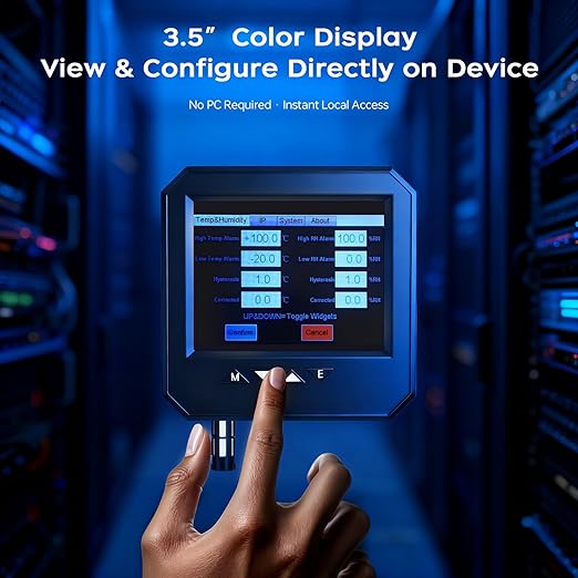 APEM-5930 Ethernet Temperature Humidity Sensor, PoE Server Room Monitor with Web Interface, SNMP Modbus MQTT Support, Dual Power, IP55, Data Logging, Alarm & Relay Output for IT & Industrial Use