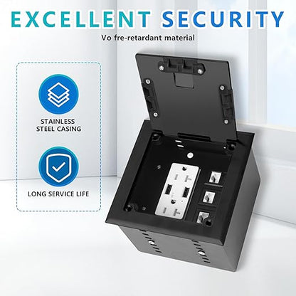 KYHSHJ Recessed Flat Hidden Socket Kit with 2 * 20A Receptacle，4.8A*2 USB-A Ports +3-Port RJ45 Datacom Receptacle. Internal Height Adjustable，Corrosive Resistant Hardware,Black