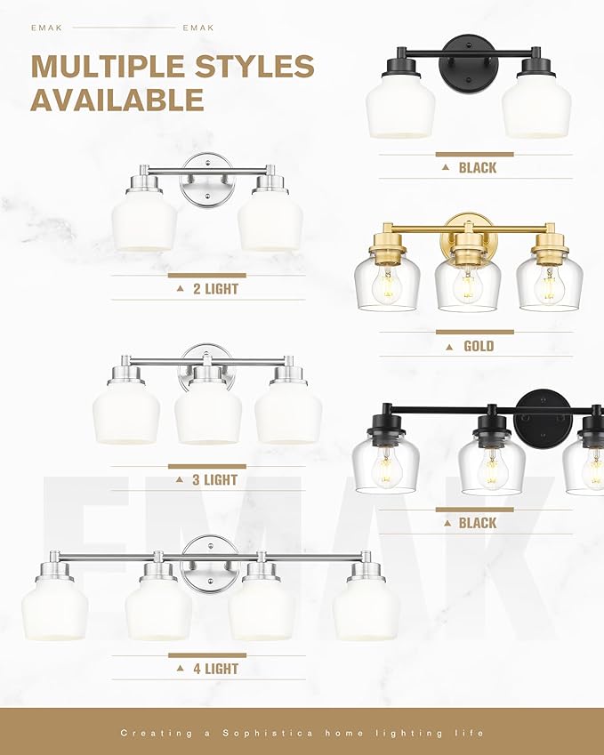 Emak Brushed Nickel Bathroom Light Fixtures Over Mirror, Modern 29 Inch Milk Glass Vanity Light, 4-Light Wall Sconces for Bathroom, Mirror, VL122-BN-ML-4