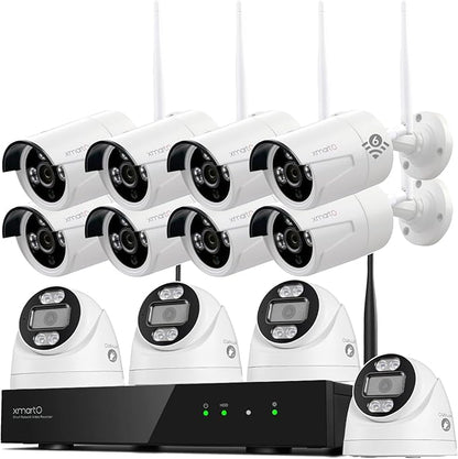 xmartO 16CH 12 Pcs Home Security Camera Kit, 4 * 2K HD Dome Camera and 8 * 2K 3MP Super HD WiFi Home Security Camera, 2-Way Audio, Night Vision, 24/7 Surveillance Camera, No Monthly Fee