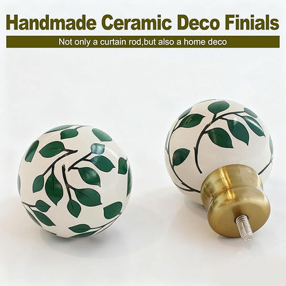 Ceramic Gold Curtain Rods Set of 2 for Windows 66 to 120 Inches Adjustable Length Duty 1" Diameter Window Curtain Rod with Modern Green Leaf Pattern Decorative Finials for Bedroom Living Room Kitchen